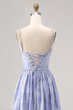 Blue Flower A-Line Beaded Wedding Guest Dress with Slit