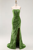Strapless Peacock Green Corset Burnout Velvet Bridesmaid Dress with Slit