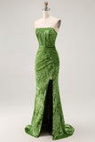 Strapless Peacock Green Corset Burnout Velvet Bridesmaid Dress with Slit
