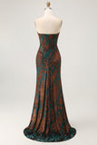 Strapless Peacock Green Corset Burnout Velvet Bridesmaid Dress with Slit