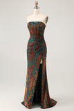 Strapless Peacock Green Corset Burnout Velvet Bridesmaid Dress with Slit
