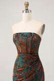 Strapless Peacock Green Corset Burnout Velvet Bridesmaid Dress with Slit