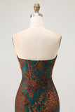 Strapless Peacock Green Corset Burnout Velvet Bridesmaid Dress with Slit