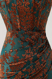 Strapless Peacock Green Corset Burnout Velvet Bridesmaid Dress with Slit