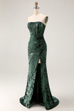 Strapless Peacock Green Corset Burnout Velvet Bridesmaid Dress with Slit