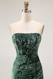 Strapless Peacock Green Corset Burnout Velvet Bridesmaid Dress with Slit