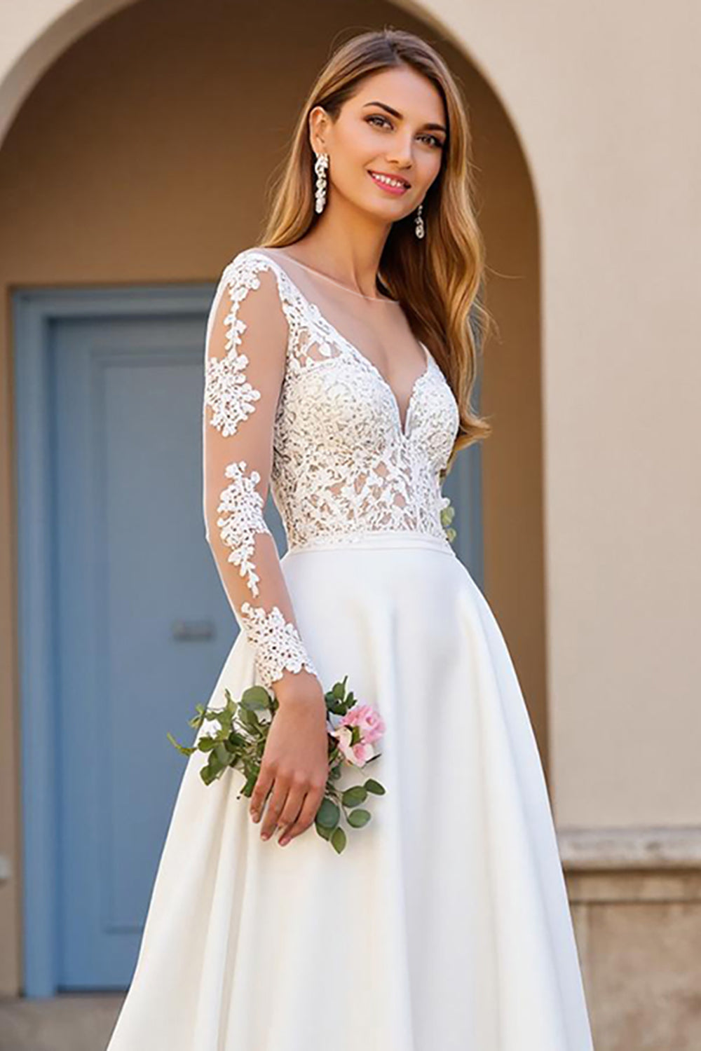 Zapaka Women Sweep Train Ivory Wedding Dress with Lace Appliques Boat Neck Stretch Satin A Line Long Sleeves Bridal Dress ZAPAKA Zapaka Women Sweep Train Ivory Wedding Dress with Lace Appliques Boat Neck Stretch Satin A Line Long Sleeves Bridal Dress ZAPAKA