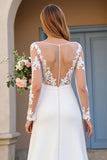 A Line Boat Neck Sweep Train Ivory Wedding Dress with Lace Appliques