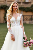 A Line Illusion Neck Court Train Ivory Wedding Dress with Lace Appliques