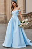 Satin A Line Off the Shoulder Court Train Sky Blue Wedding Dress