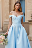 Satin A Line Off the Shoulder Court Train Sky Blue Wedding Dress