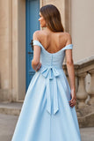 Satin A Line Off the Shoulder Court Train Sky Blue Wedding Dress