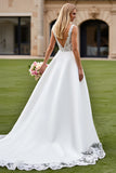 Court Train Satin A Line V-Neck Ivory Wedding Dress with Lace Appliques