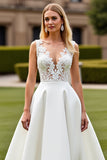 Court Train Satin A Line V-Neck Ivory Wedding Dress with Lace Appliques