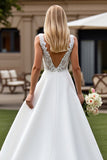 Court Train Satin A Line V-Neck Ivory Wedding Dress with Lace Appliques