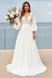 Cold Shoulder Chiffon A Line Ivory Wedding Dress with Lace Appliques