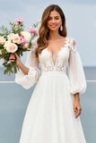 Cold Shoulder Chiffon A Line Ivory Wedding Dress with Lace Appliques