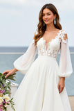 Cold Shoulder Chiffon A Line Ivory Wedding Dress with Lace Appliques