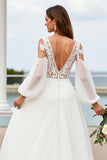 Cold Shoulder Chiffon A Line Ivory Wedding Dress with Lace Appliques