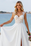 Ivory Court Train Chiffon A Line Sweetheart Wedding Dress with Lace Appliques