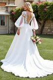Ivory A Line Court Train Chiffon Wedding Dress with Lace Appliques