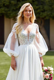 Ivory A Line Court Train Chiffon Wedding Dress with Lace Appliques