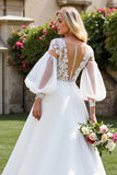Ivory A Line Court Train Chiffon Wedding Dress with Lace Appliques