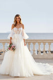 Chapel Train Tulle A Line Off the Shoulder Ivory Wedding Dress with Lace Appliques