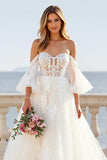 Chapel Train Tulle A Line Off the Shoulder Ivory Wedding Dress with Lace Appliques