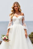 Ivory Off the Shoulder Tulle A Line Wedding Dress with Lace Appliques