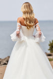 Ivory Off the Shoulder Tulle A Line Wedding Dress with Lace Appliques