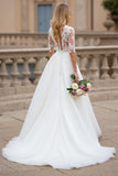 A Line Court Train Organza Ivory Wedding Dress with Lace Appliques