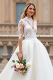A Line Court Train Organza Ivory Wedding Dress with Lace Appliques
