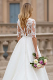 A Line Court Train Organza Ivory Wedding Dress with Lace Appliques