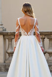 A Line Court Train Satin Ivory Wedding Dress with Lace Appliques