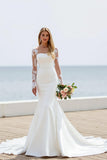 Ivory Satin Mermaid Illusion Neck Chapel Train Wedding Dress with Lace Appliques