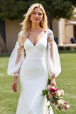 V-Neck Satin Mermaid Ivory Wedding Dress with Lace Appliques
