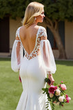 V-Neck Satin Mermaid Ivory Wedding Dress with Lace Appliques