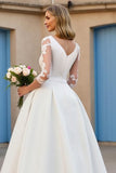 Ivory Court Train Satin A Line V-Neck Wedding Dress with Lace Appliques