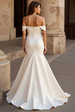 Off the Shoulder Ruched Satin Mermaid Ivory Wedding Dress