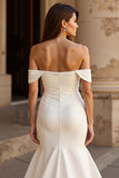 Off the Shoulder Ruched Satin Mermaid Ivory Wedding Dress
