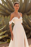 Ruched A Line Off the Shoulder Court Train Ivory Wedding Dress