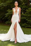 Mermaid V-Neck Court Train Ivory Wedding Dress with Slit