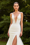Mermaid V-Neck Court Train Ivory Wedding Dress with Slit