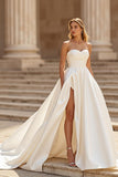 Ivory Satin A Line Strapless Court Train Wedding Dress with Slit