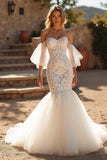 Ivory Mermaid Court Train Tulle Wedding Dress with Ruffles
