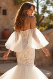 Ivory Mermaid Court Train Tulle Wedding Dress with Ruffles