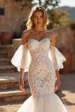 Ivory Mermaid Court Train Tulle Wedding Dress with Ruffles