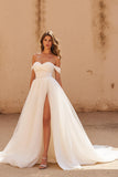 Ivory A Line Chapel Train Ruched Organza Wedding Dress with Slit