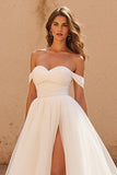 Ivory A Line Chapel Train Ruched Organza Wedding Dress with Slit